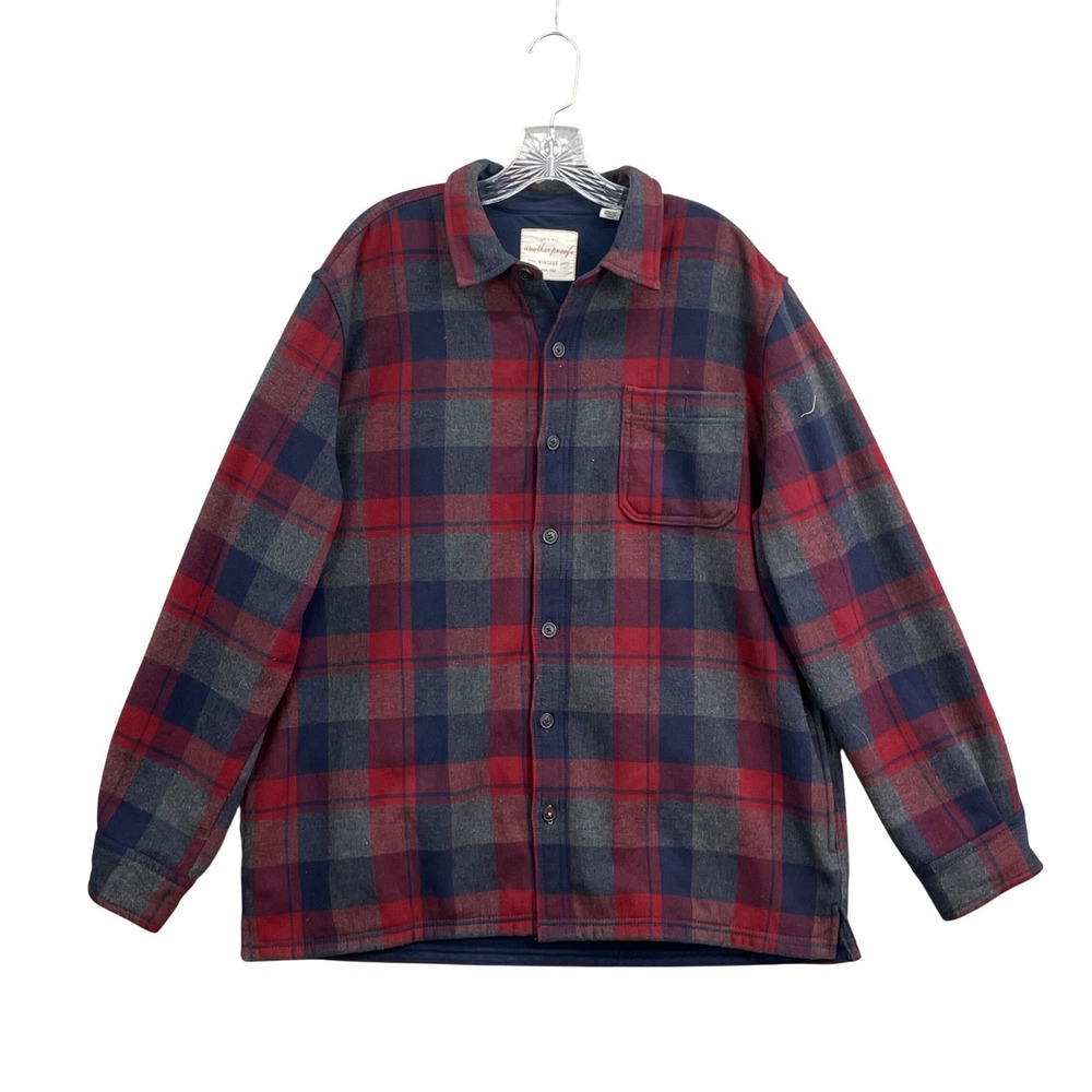 Weatherproof Vintage Shirt Jacket Mens XL Red Plaid Fleece Lined Heavy Flannel